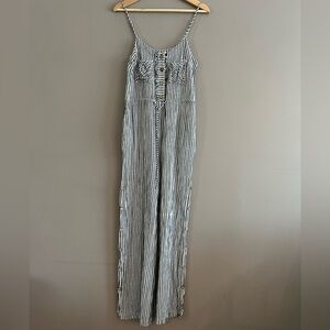 Ellor Jumpsuit Romper Pant White Black Stripe  Side Buttons Drawstring Sz XS